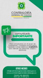 Lee más sobre el artículo Comunicado Importante: Habilitada nueva línea telefónica para las Peticiones, Quejas y Denuncias de la Contraloría Departamental.