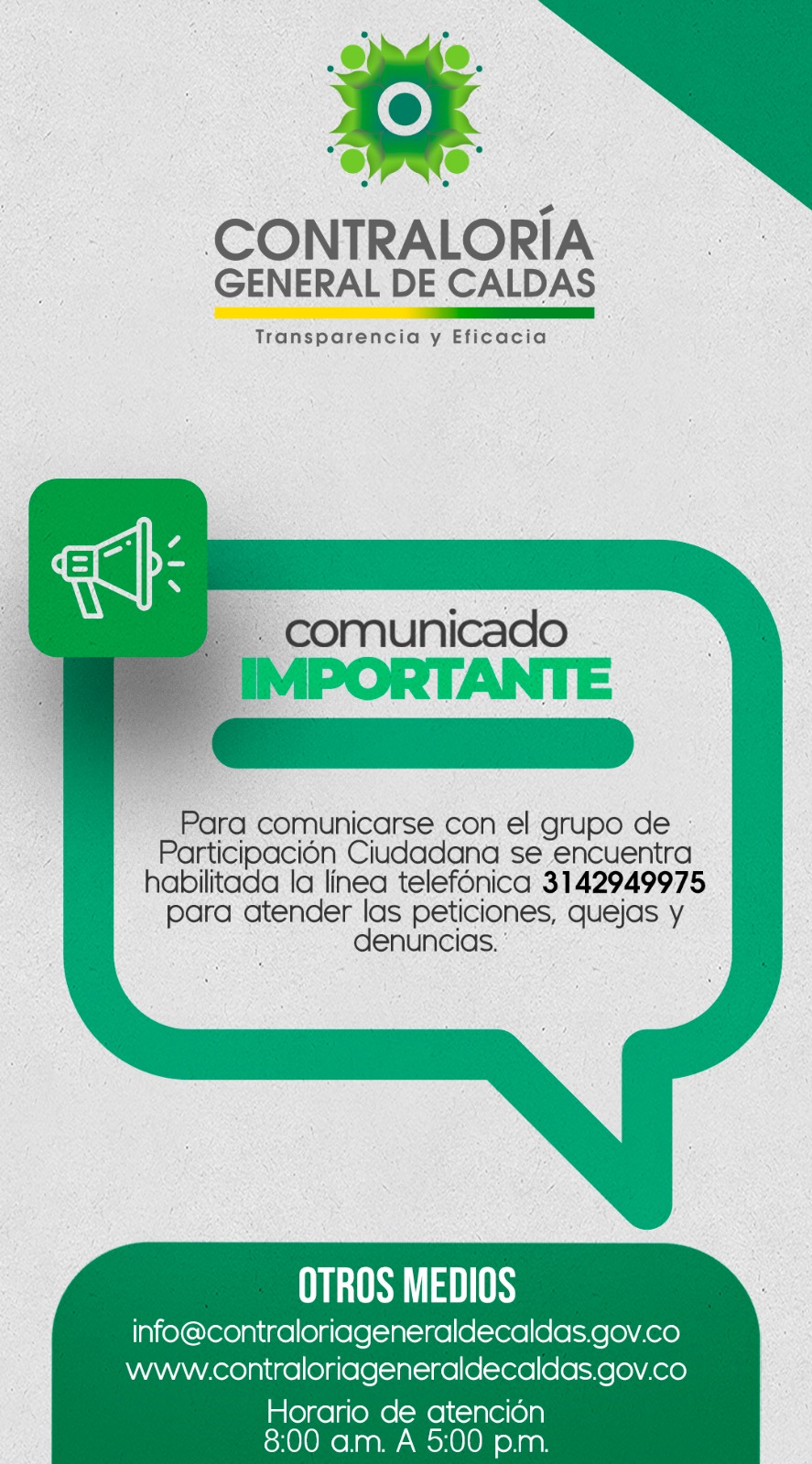 En este momento estás viendo Comunicado Importante: Habilitada nueva línea telefónica para las Peticiones, Quejas y Denuncias de la Contraloría Departamental.