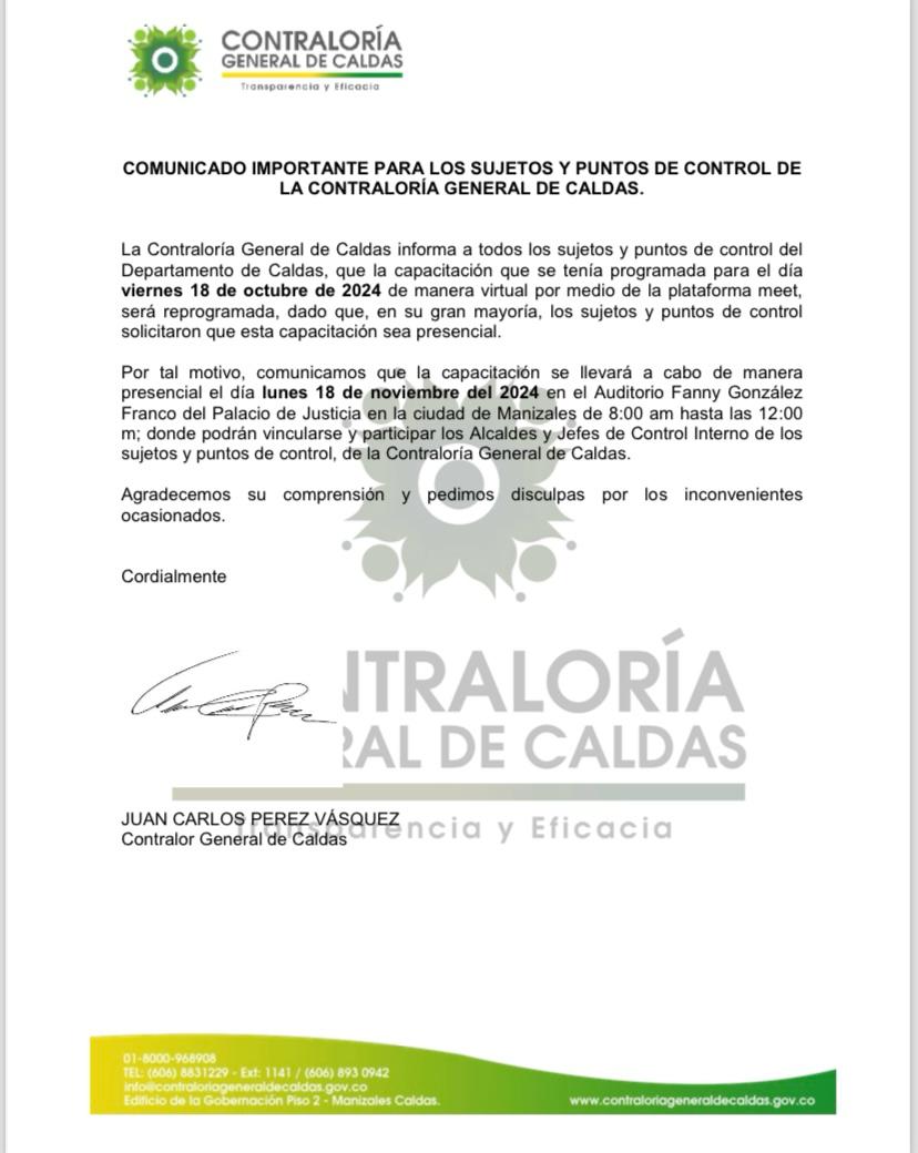 Lee más sobre el artículo Comunicado Importante para los Sujetos y Puntos de Control de la Contraloría General de Caldas.